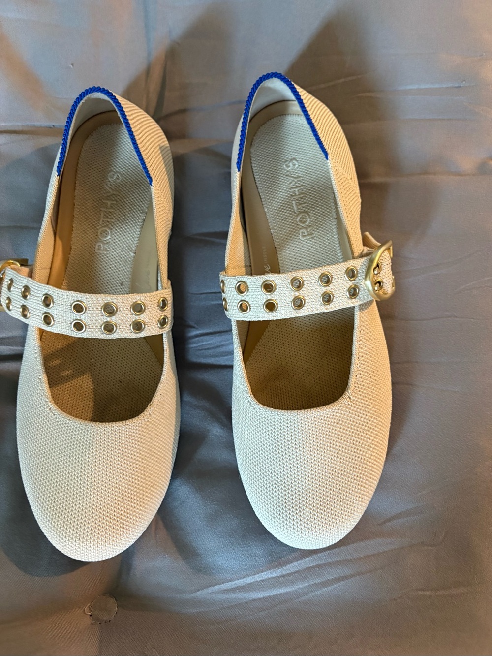 ROHTYS: Beige Mary Jane Flats with Grommet Strap